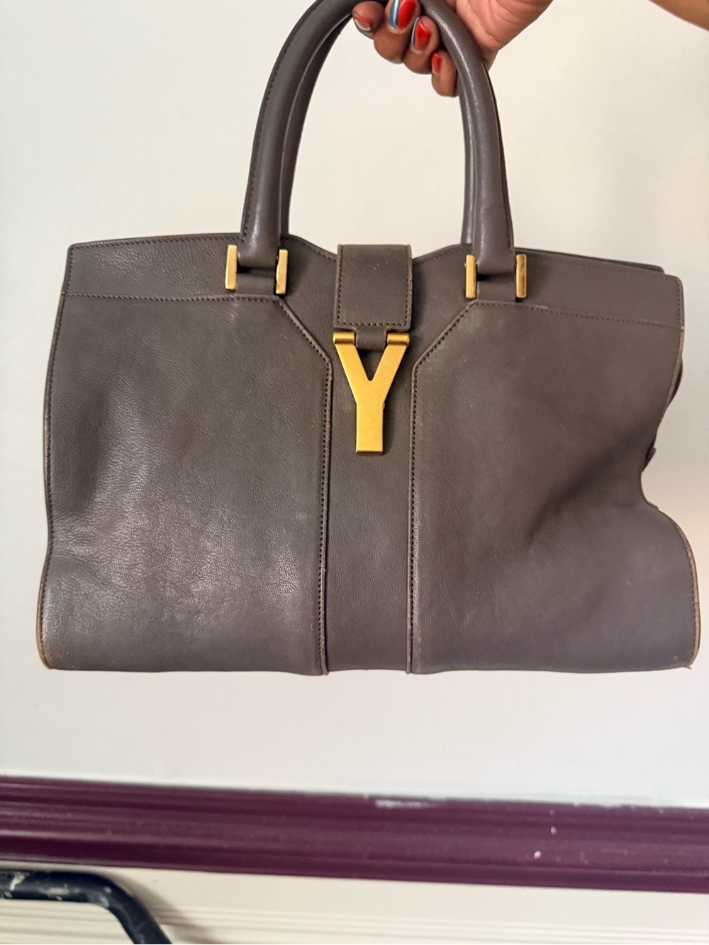 Yves Saint Laurent Brown Leather Top-Handle Satchel with Gold Y Accent